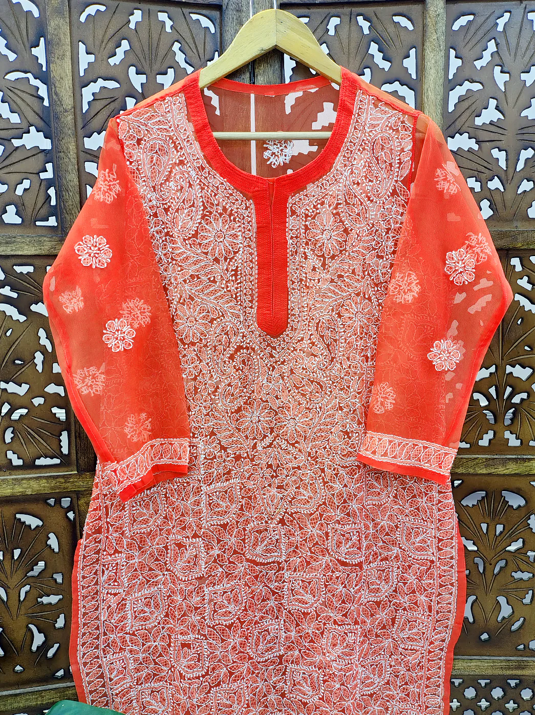 Orange Georgette Chikankari Straight Kurti - Image 3
