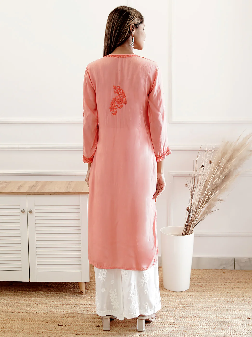 Orange Modal Chikankari Straight Kurti - Image 3