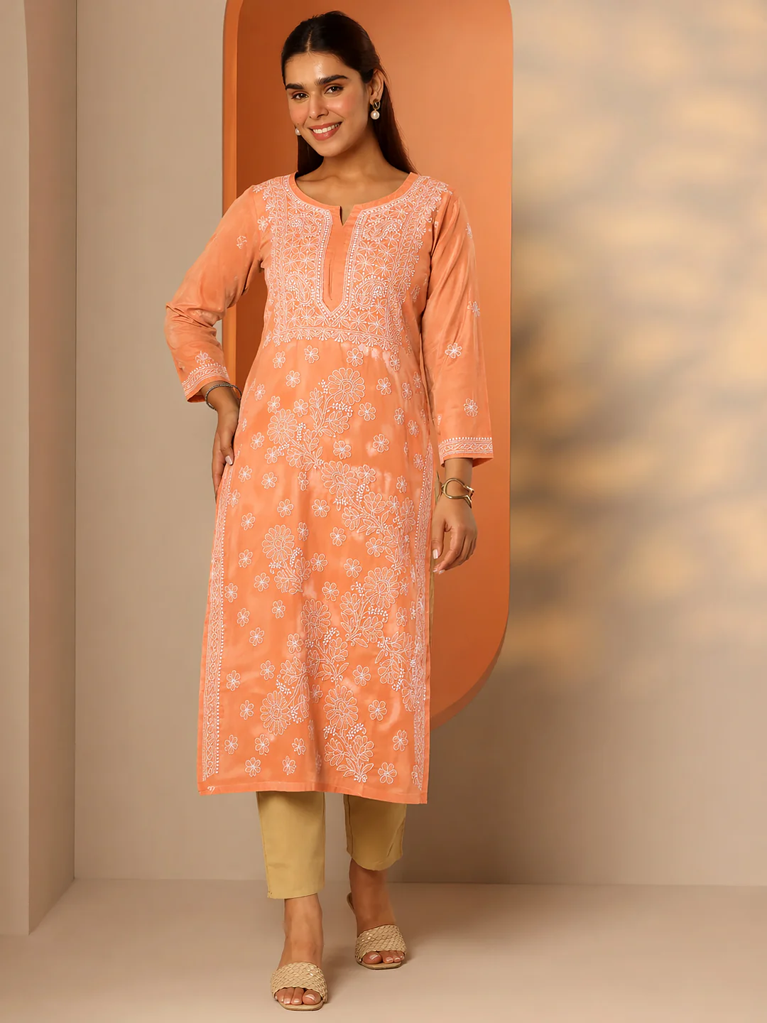 Orange Vira Cotton Chikankari Straight Kurti with inner