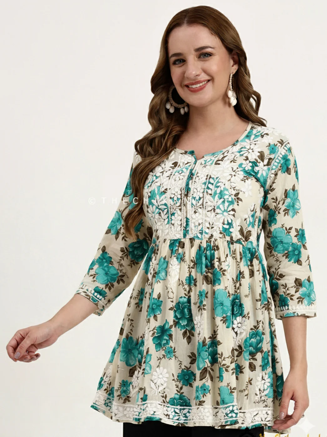 Pariha Mulmul Cotton Chikankari Short Top - Sea Green - Image 4