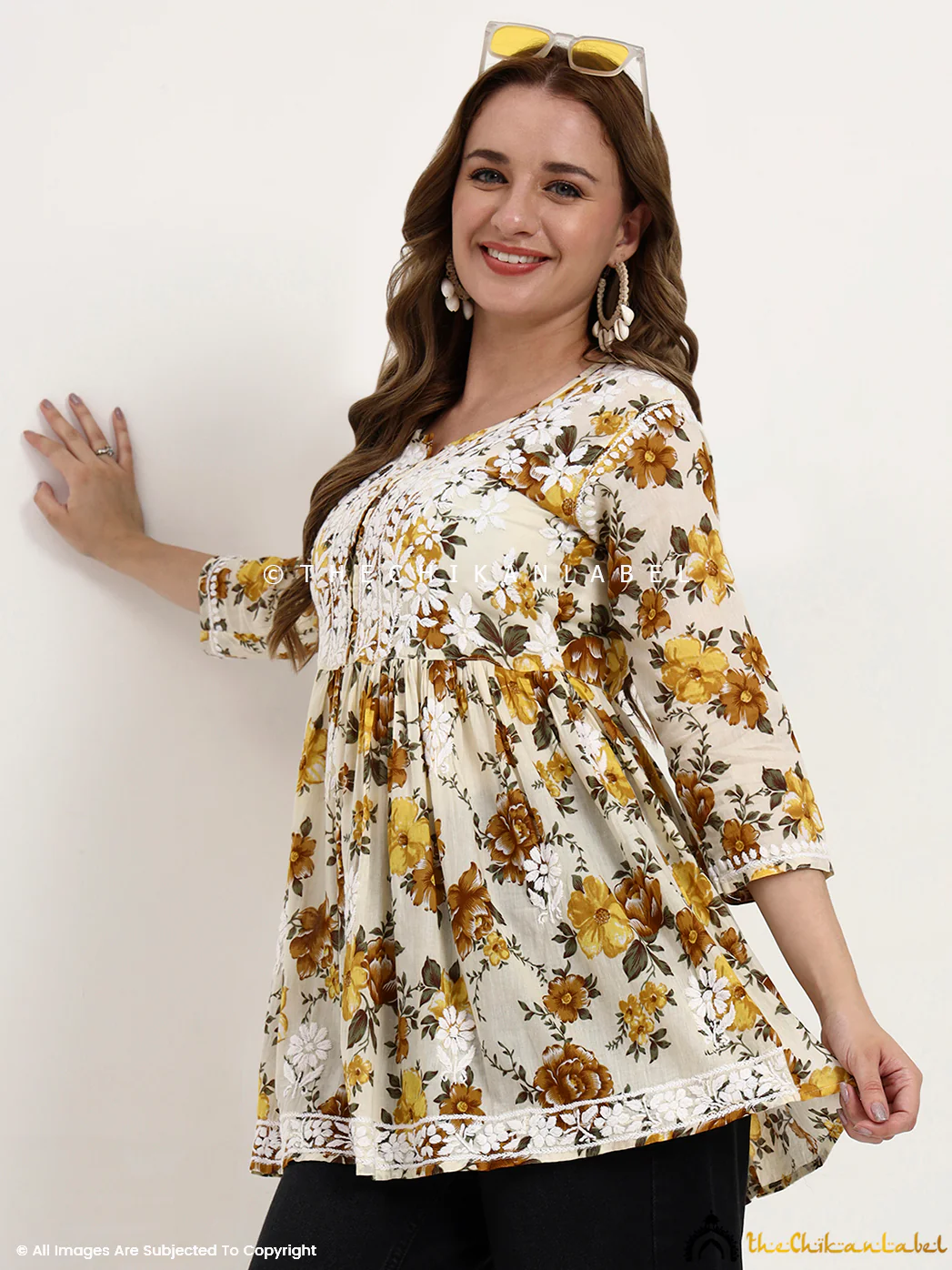 Pariha Mulmul Cotton Chikankari Short Top - Yellow - Image 6