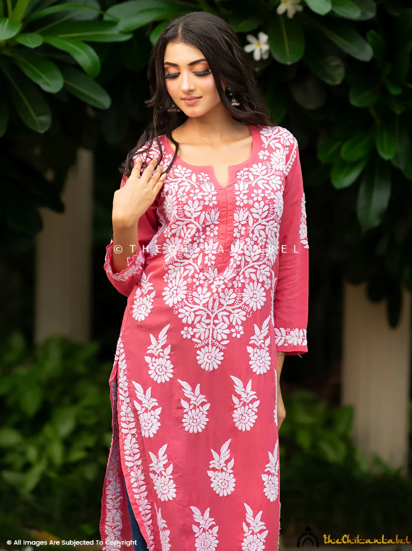 Aidah Modal Chikankari Straight Kurti - Peach - Image 2