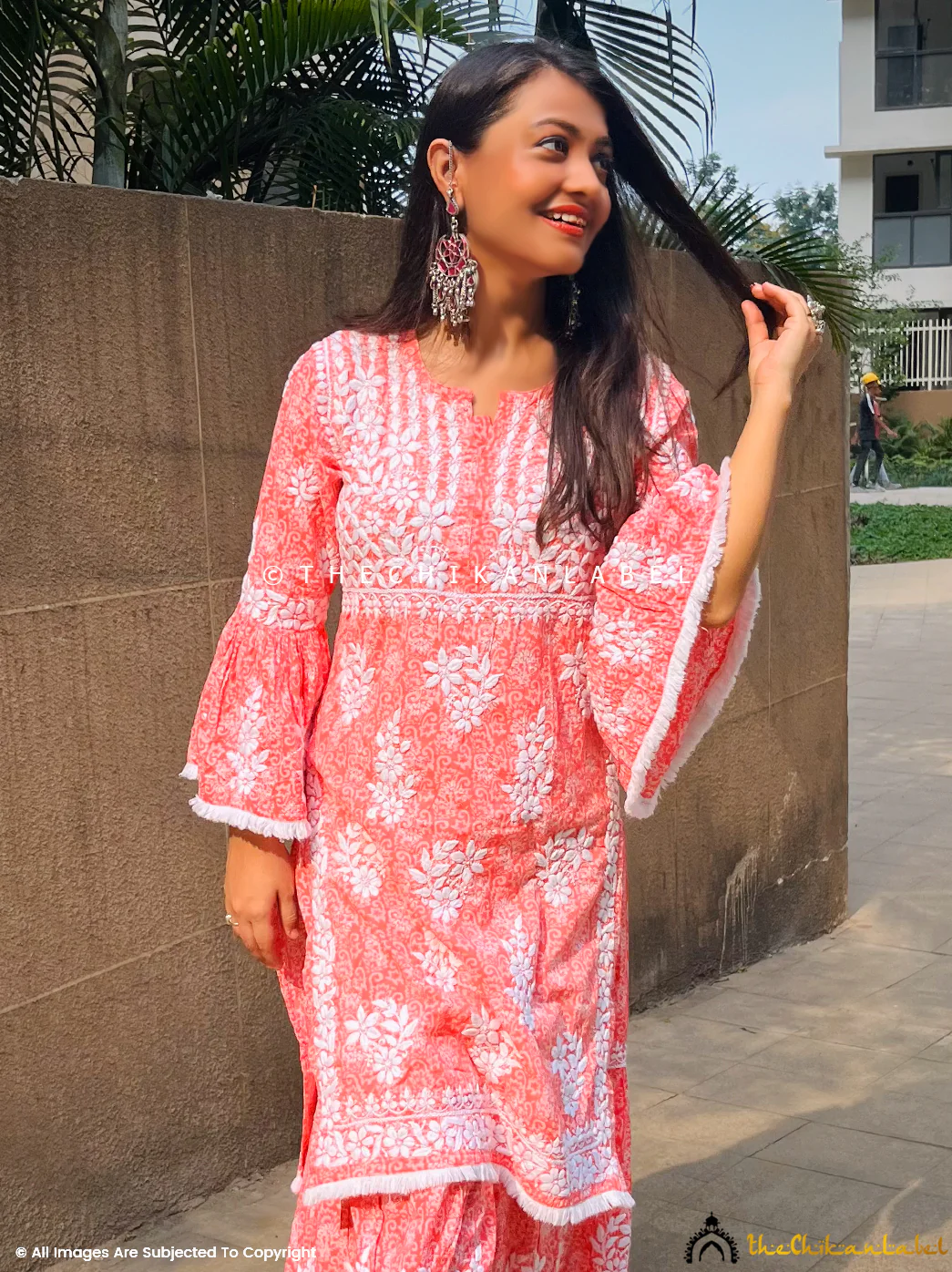 Bandhani Mulmul Cotton Chikankari Kurta Set - Peach - Image 2