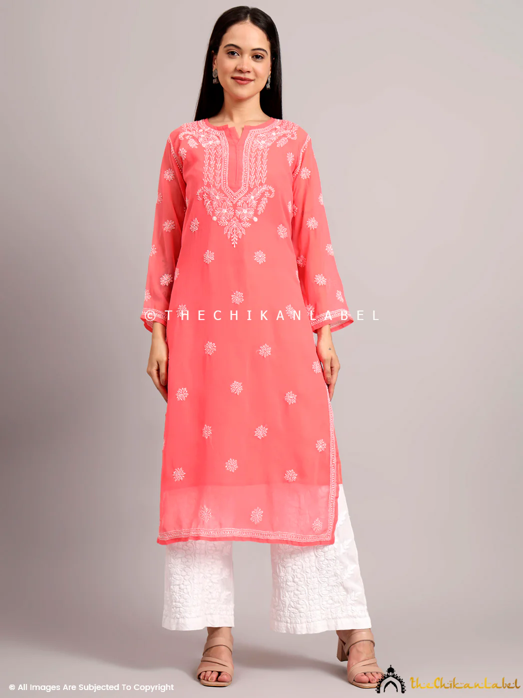 Darshana Georgette Chikankari Straight Kurti with Inner - Peach