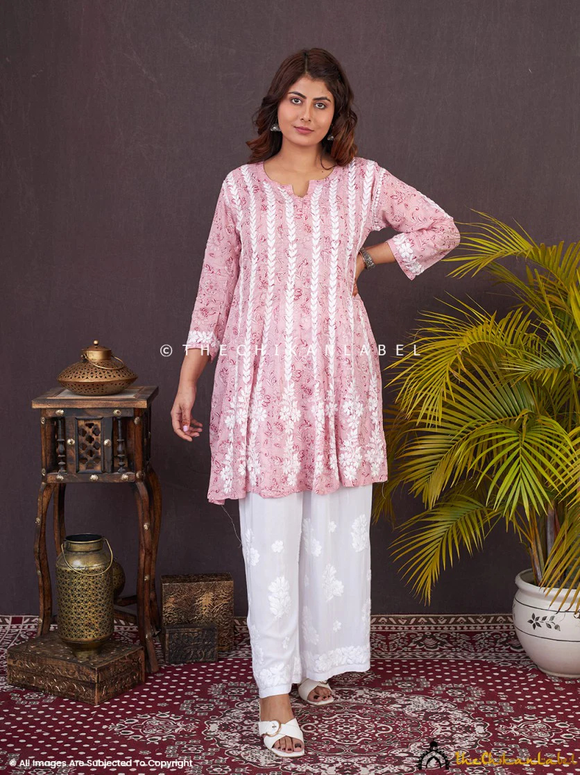 Peach Firosha Mulmul Chikankari Short Anarkali