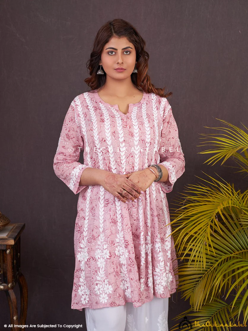 Peach Firosha Mulmul Chikankari Short Anarkali - Image 2