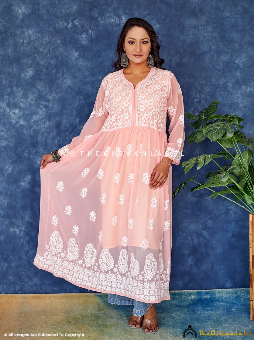 Peach Georgette Chikankari Anarkali Kurta