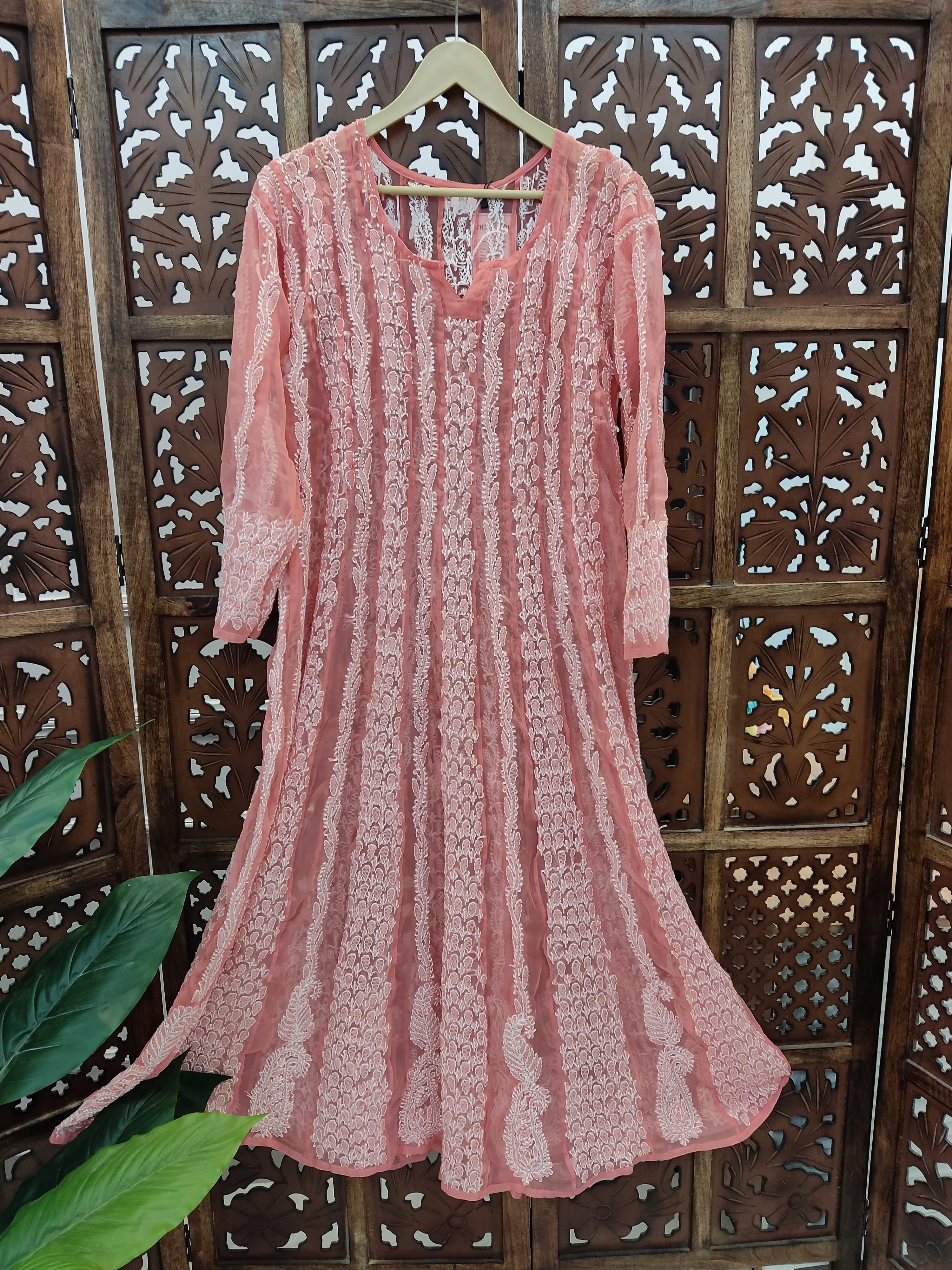 Peach Georgette Chikankari Anarkali Kurti - Image 2