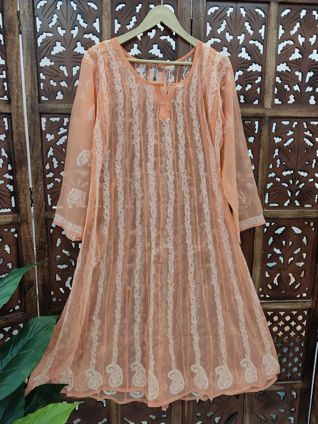 Peach Georgette Chikankari Anarkali Kurti - Image 2