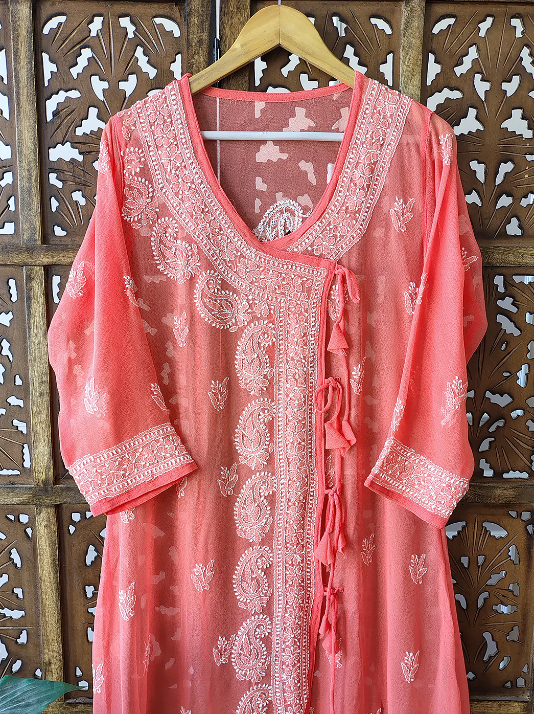 Peach Georgette Chikankari Angrakha Kurti - Image 3