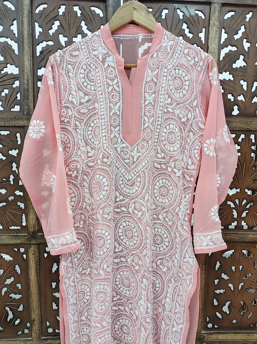Peach Georgette Chikankari Straight Kurti - Image 3