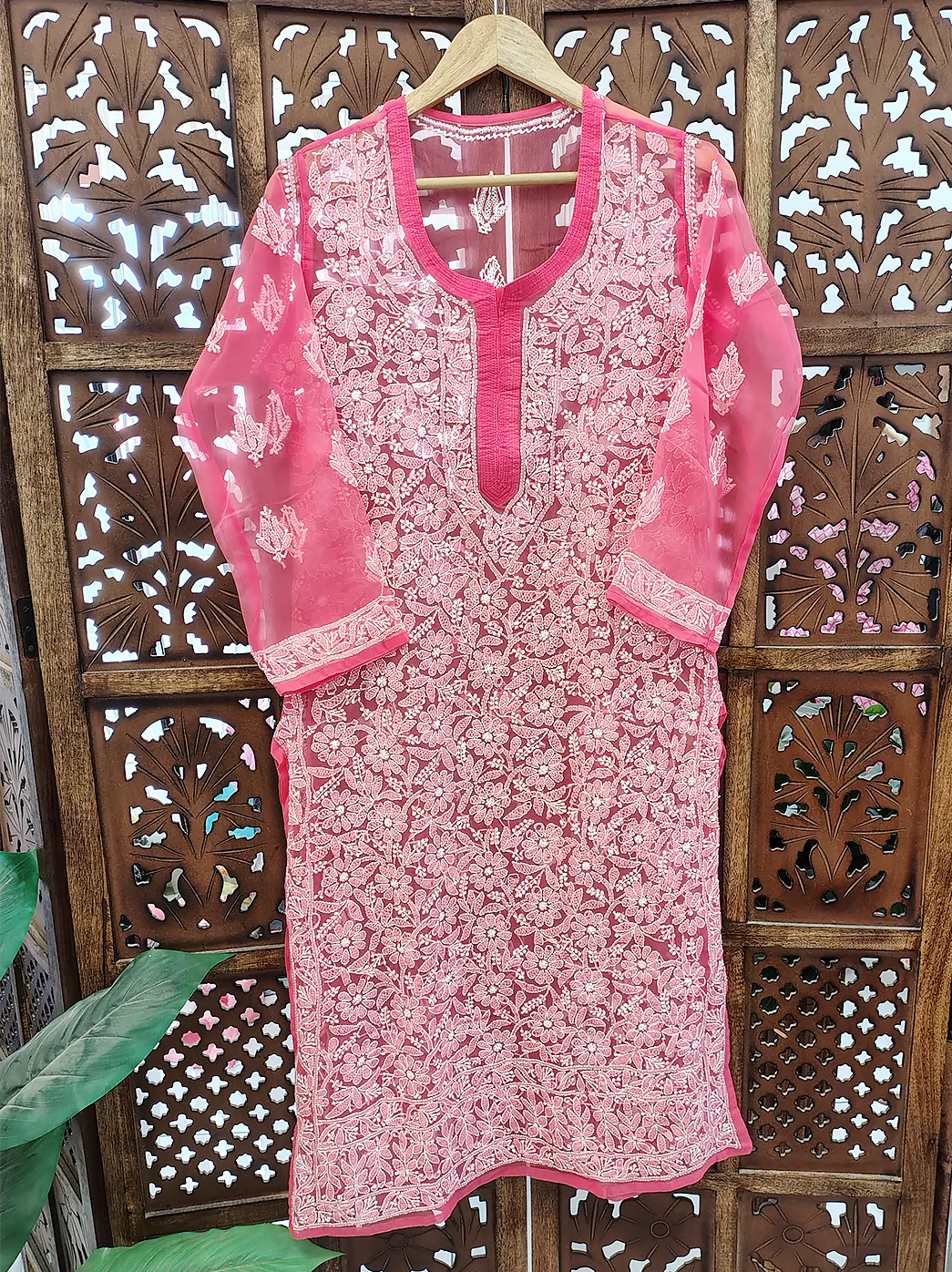 Peach Georgette Chikankari Straight Kurti - Image 2