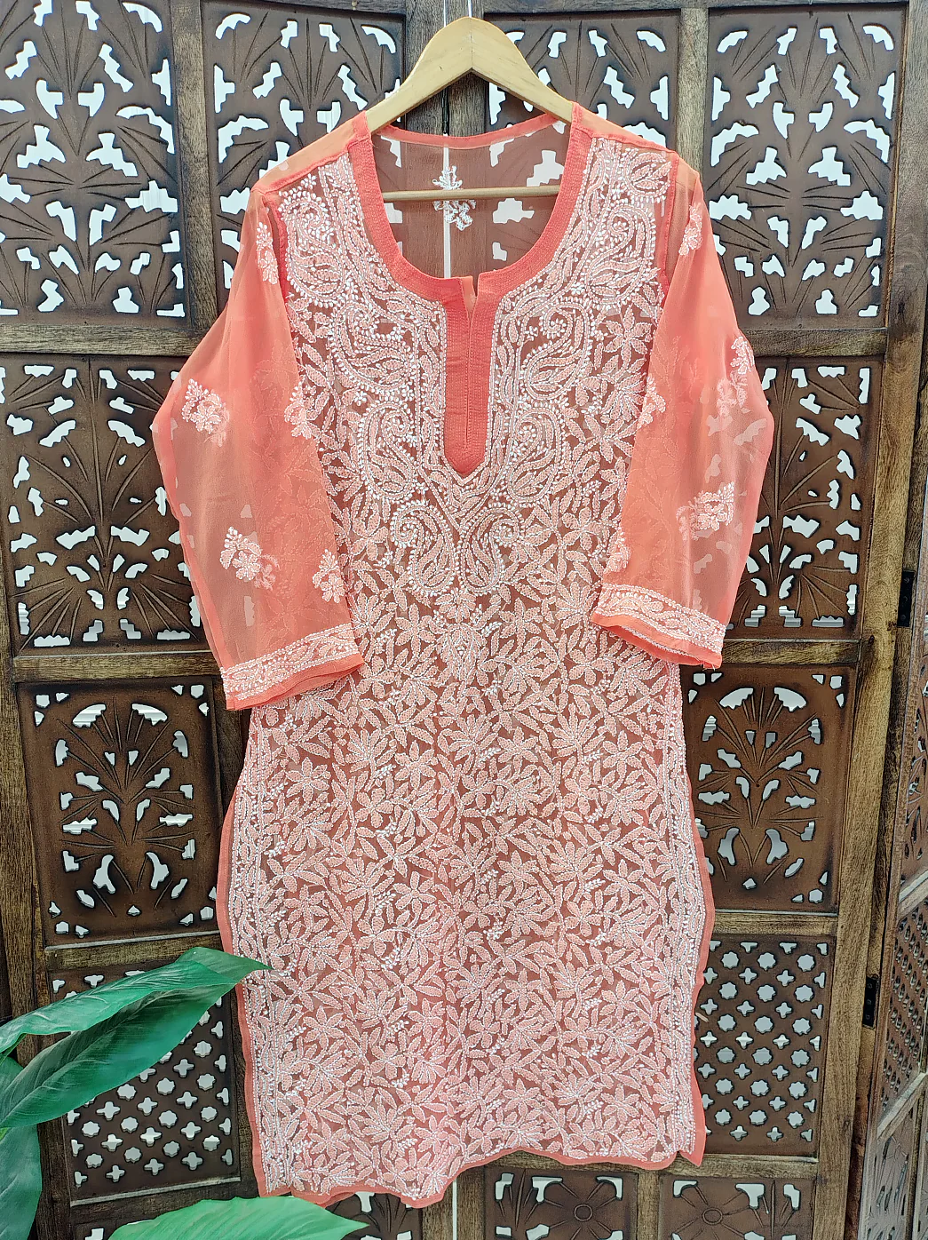Peach Georgette Chikankari Straight Kurti - Image 2