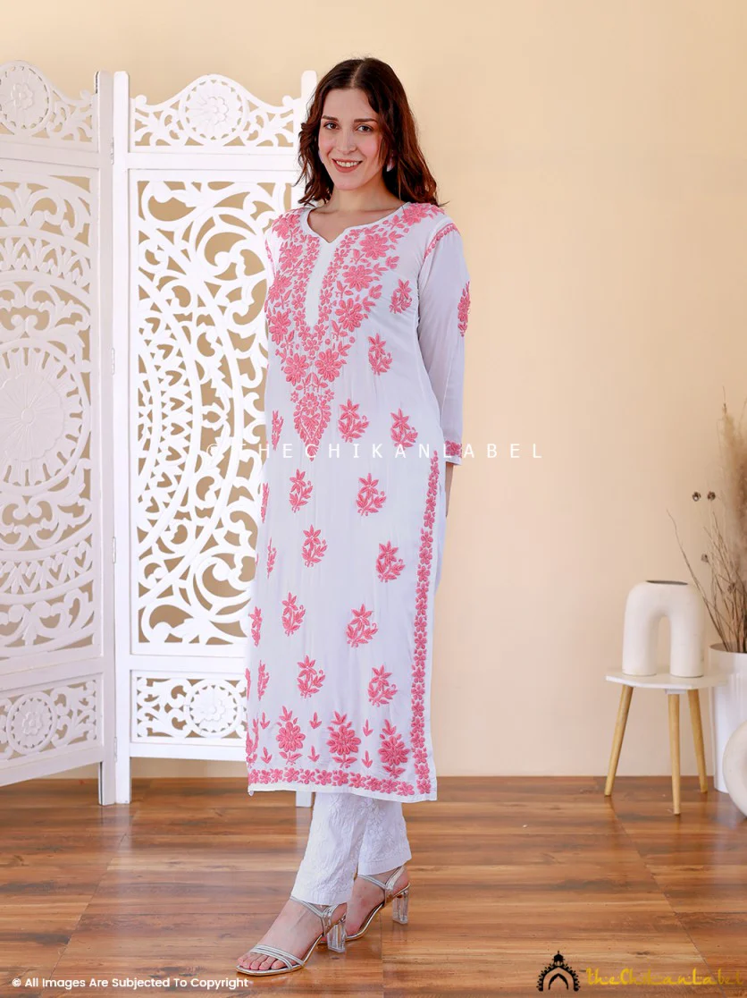 Jugni Modal Chikankari Straight Kurti - Peach - Image 7