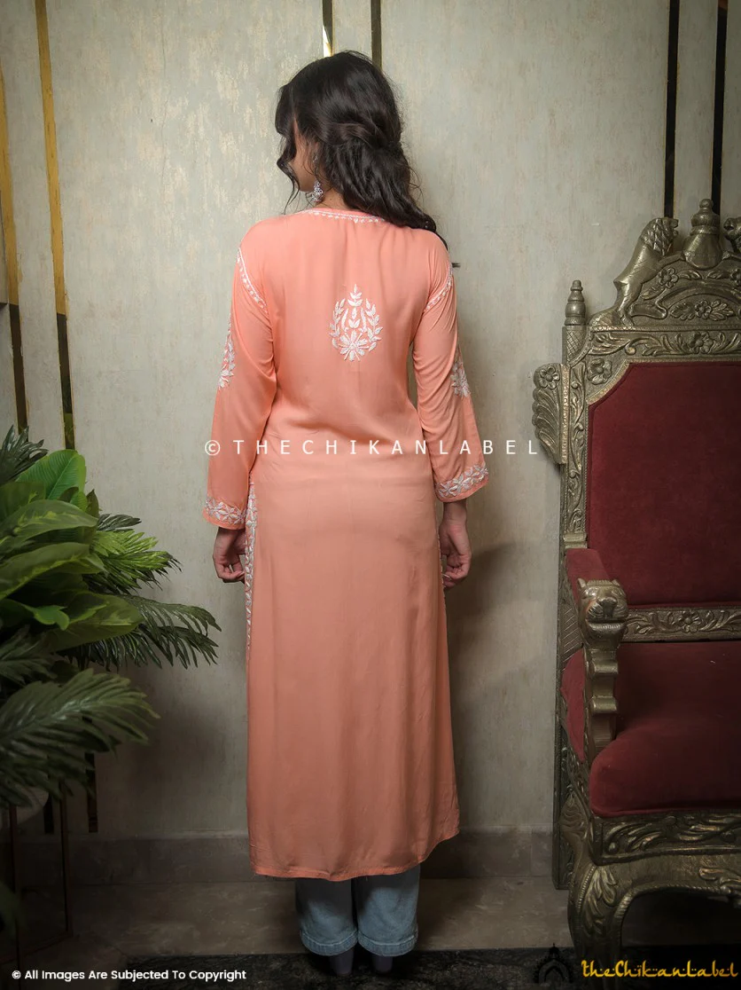 Kaina Modal Chikankari Straight Kurti- Peach - Image 3