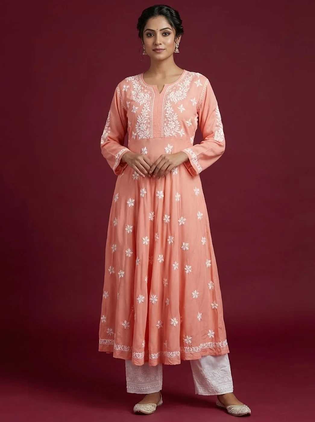Peach Modal Chikankari Anarkali