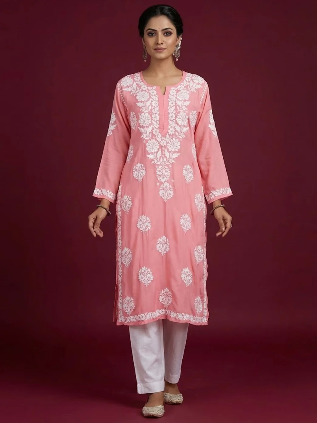 Peach Modal Chikankari Straight Kurti