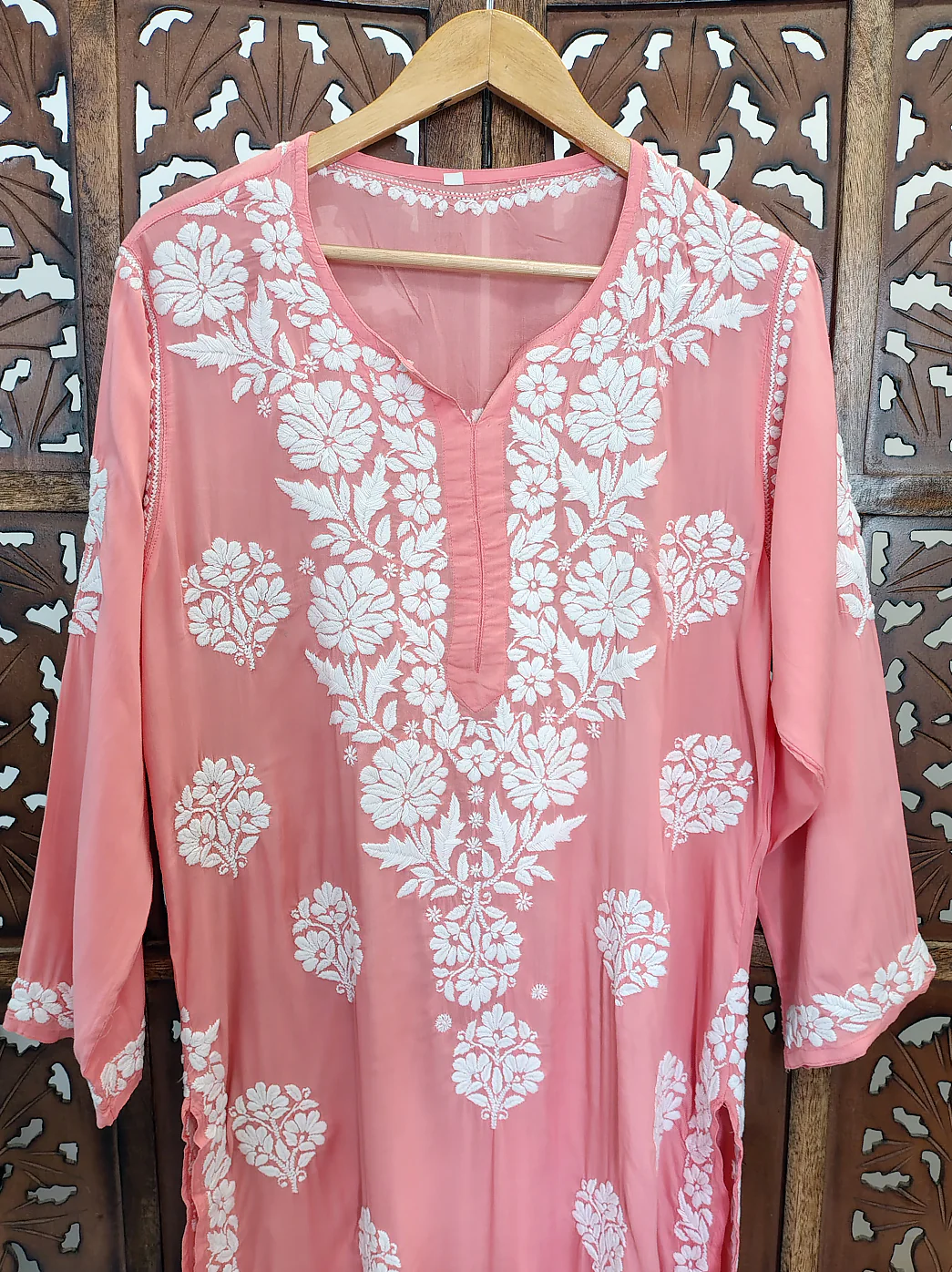 Peach Modal Chikankari Straight Kurti - Image 3