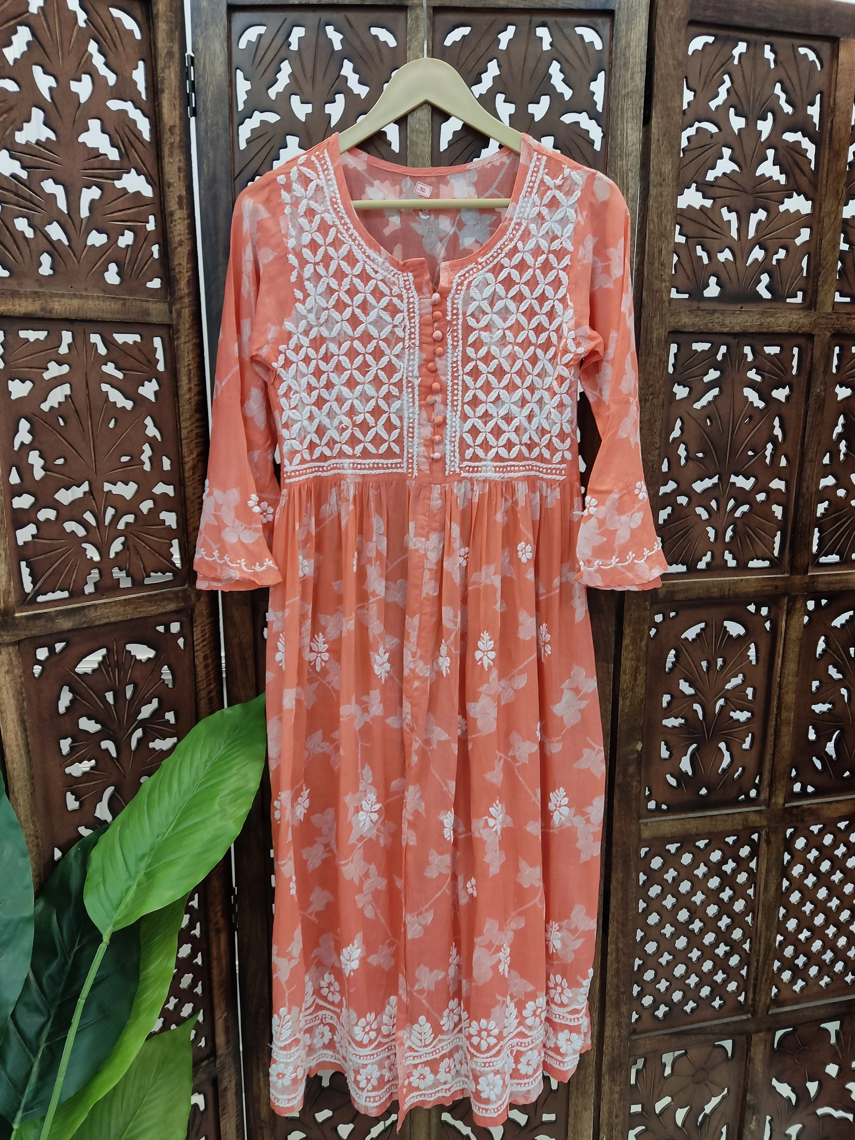 Peach Mulmul Printed Chikankari Kurti - Image 2