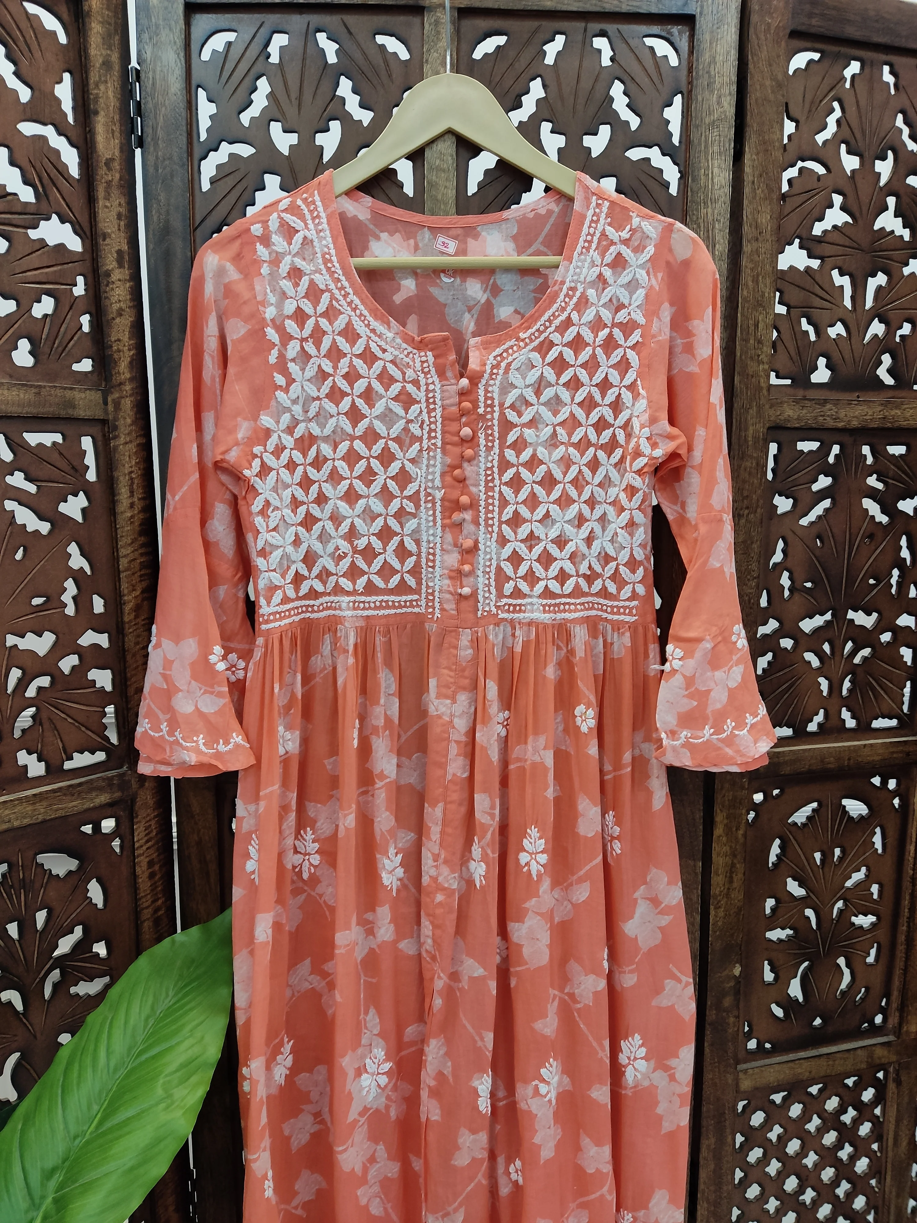 Peach Mulmul Printed Chikankari Kurti - Image 3