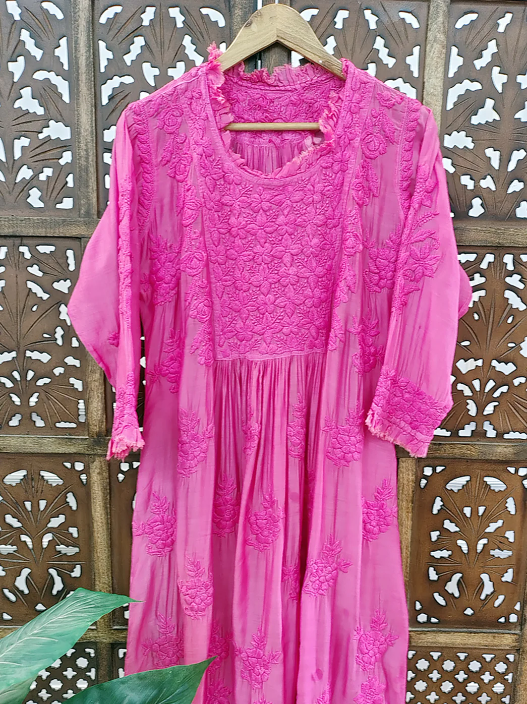 Peach Muslin Chikankari A-Line Kurti - Image 3