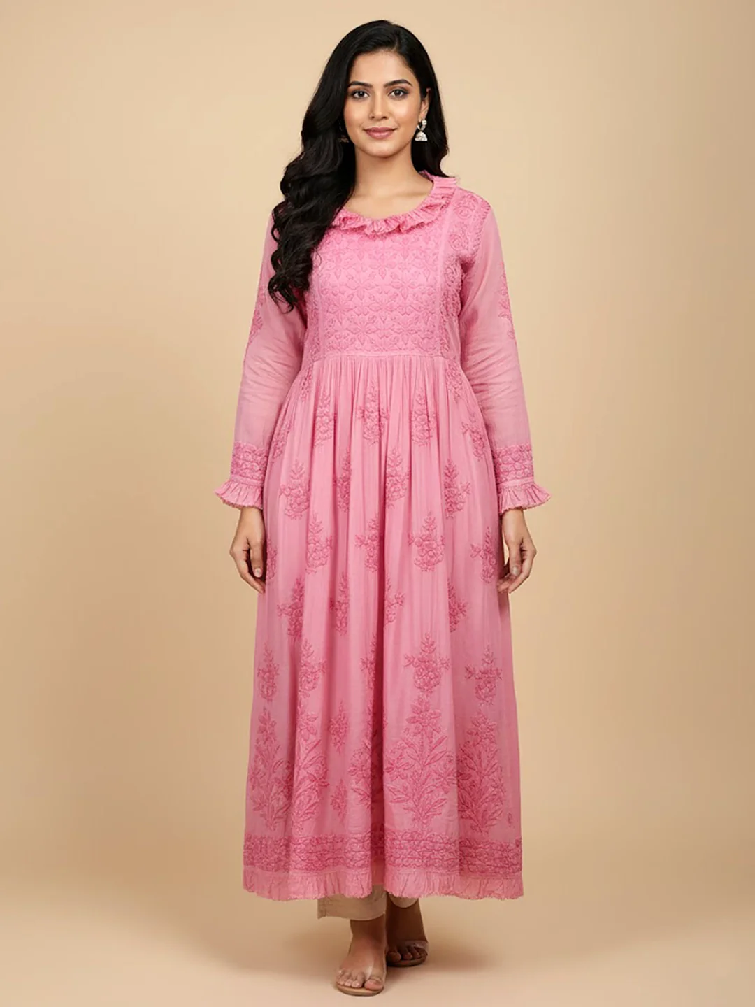 Peach Muslin Chikankari A-Line Kurti