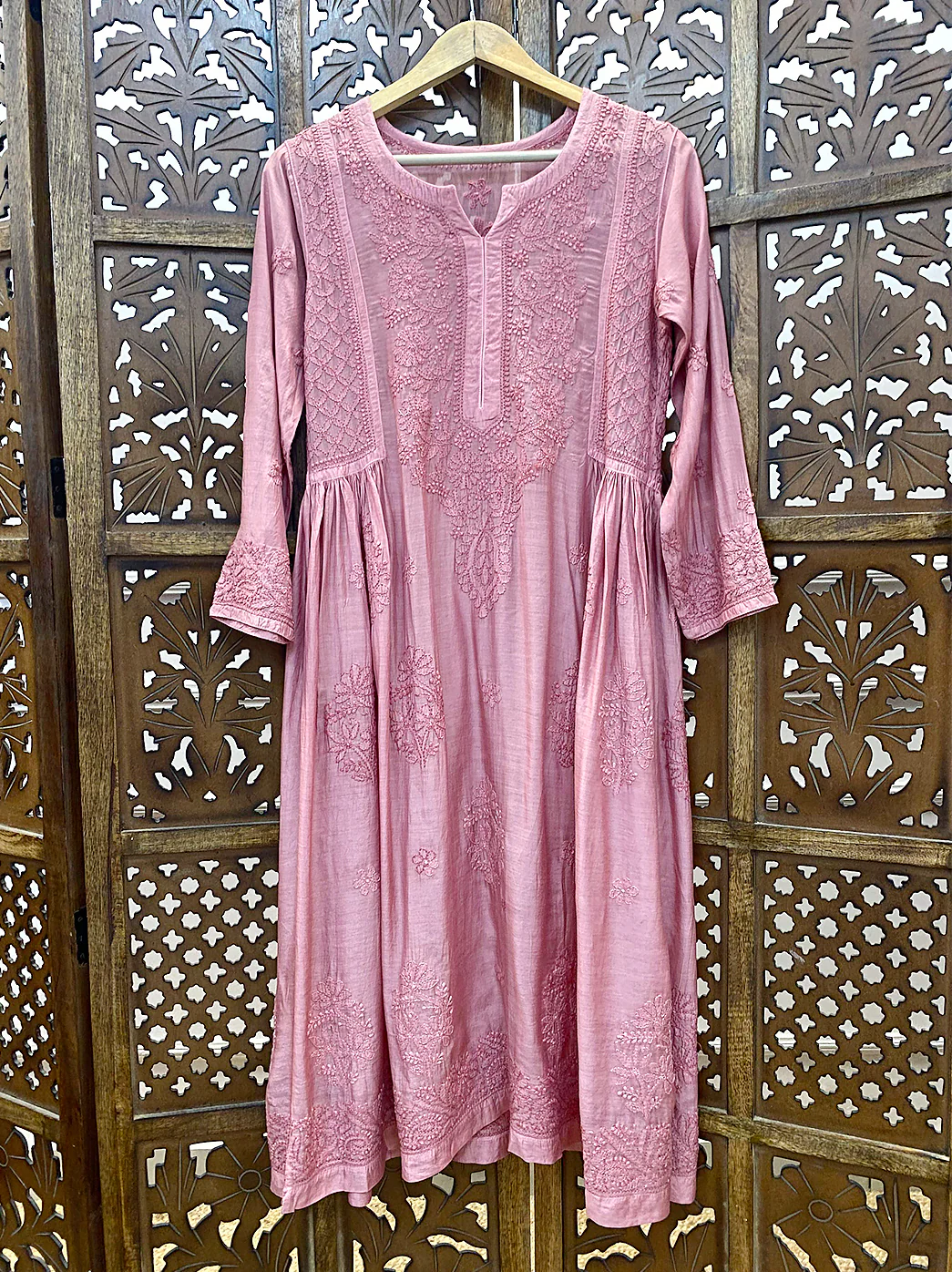 Peach Muslin Chikankari A-Line Kurti - Image 3