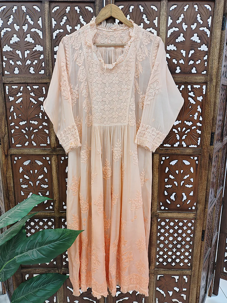 Peach Muslin Chikankari Anarkali - Image 2