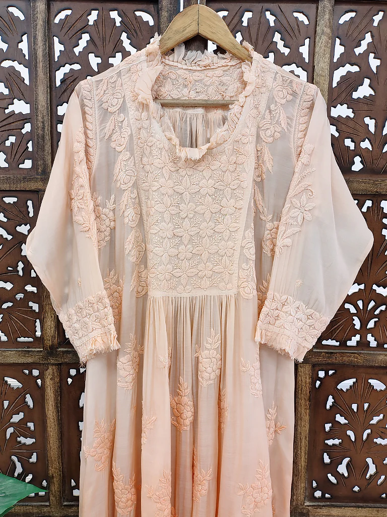Peach Muslin Chikankari Anarkali - Image 3