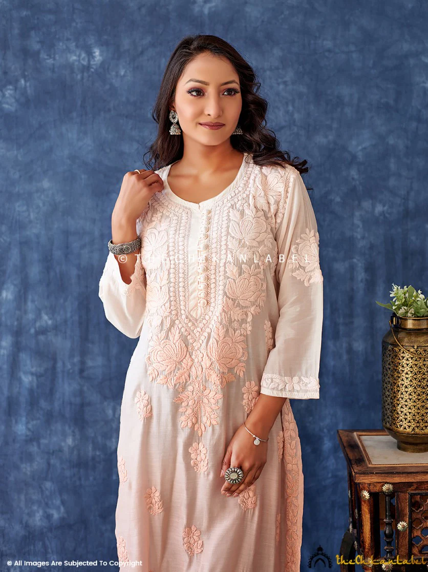Peach Muslin Chikankari Straight Kurta - Image 3