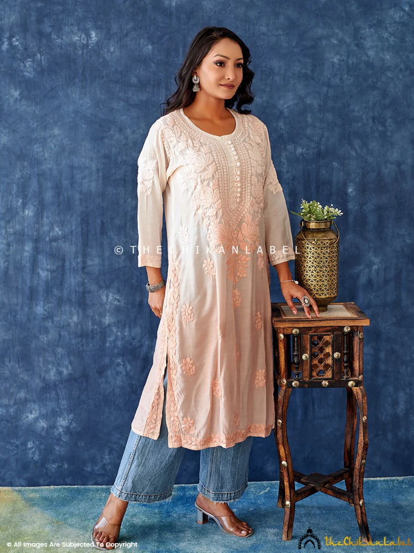 Peach Muslin Chikankari Straight Kurta - Image 4