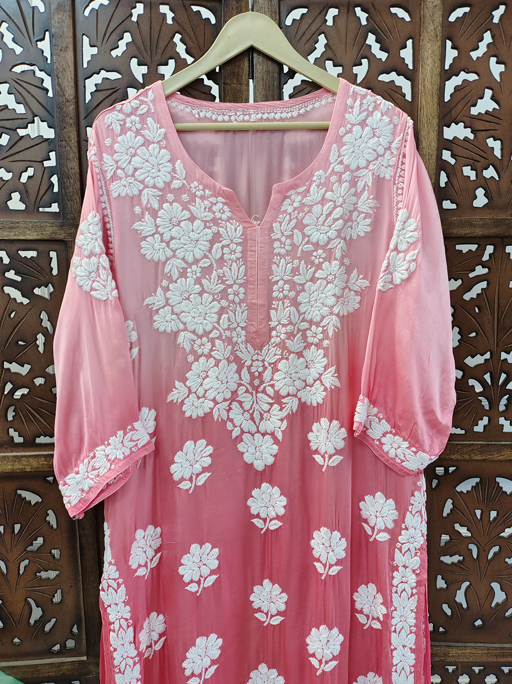 Peach Ombre Satin Modal Chikankari Straight Kurti - Image 3