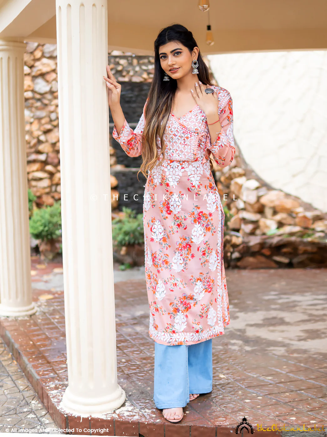 Qaifa Mulmul Cotton Chikankari Straight Kurti - Peach