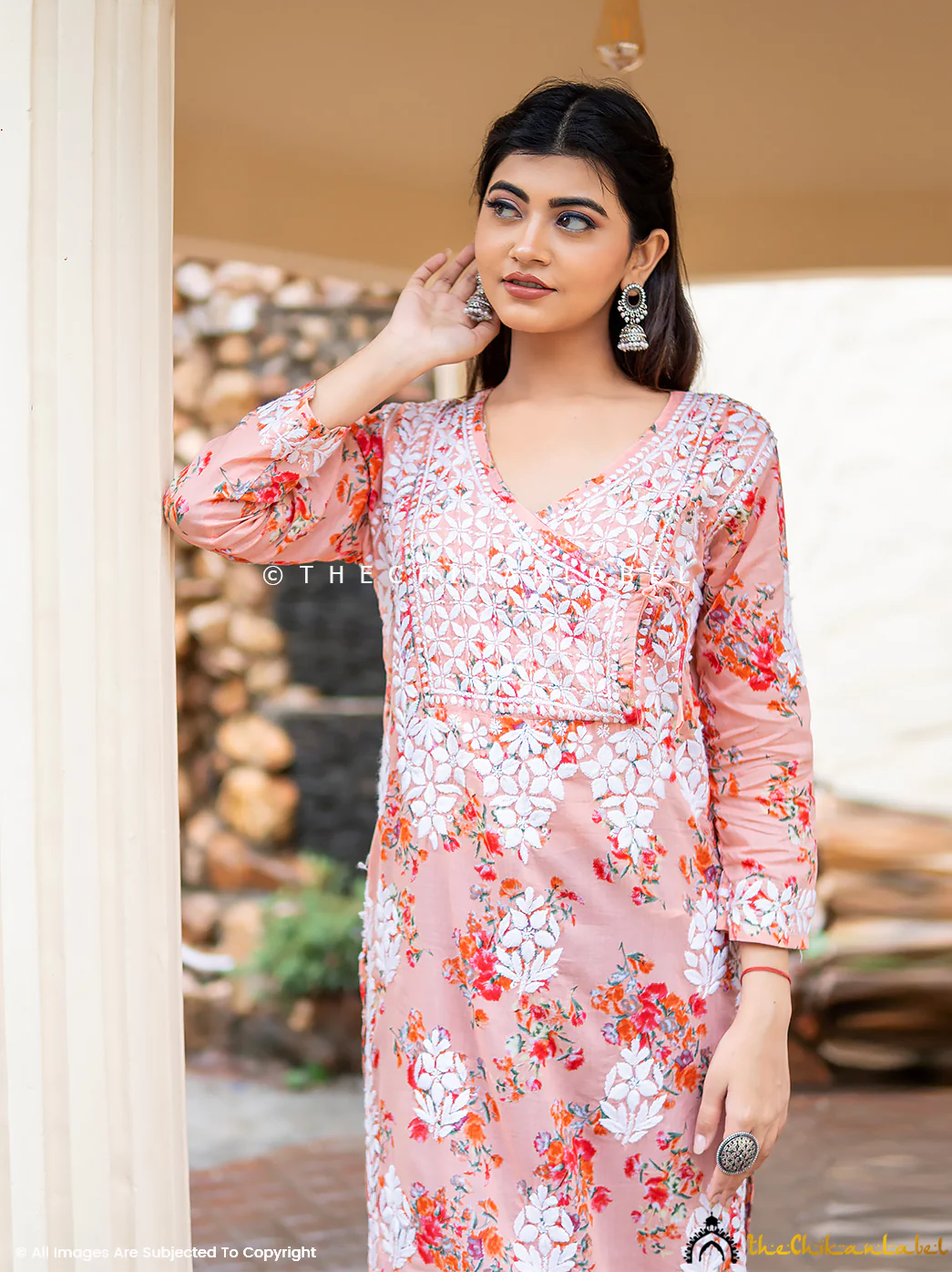 Qaifa Mulmul Cotton Chikankari Straight Kurti - Peach - Image 2
