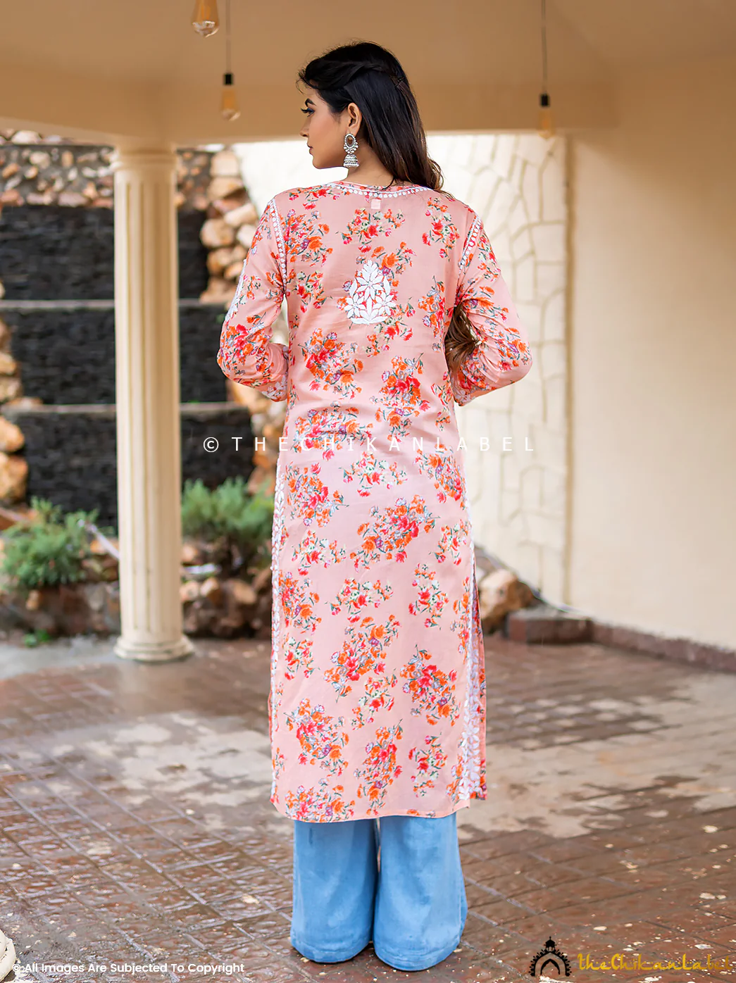 Qaifa Mulmul Cotton Chikankari Straight Kurti - Peach - Image 3