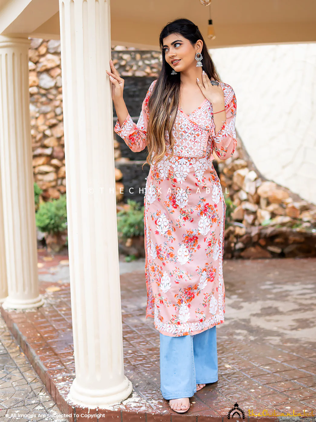Qaifa Mulmul Cotton Chikankari Straight Kurti - Peach - Image 5