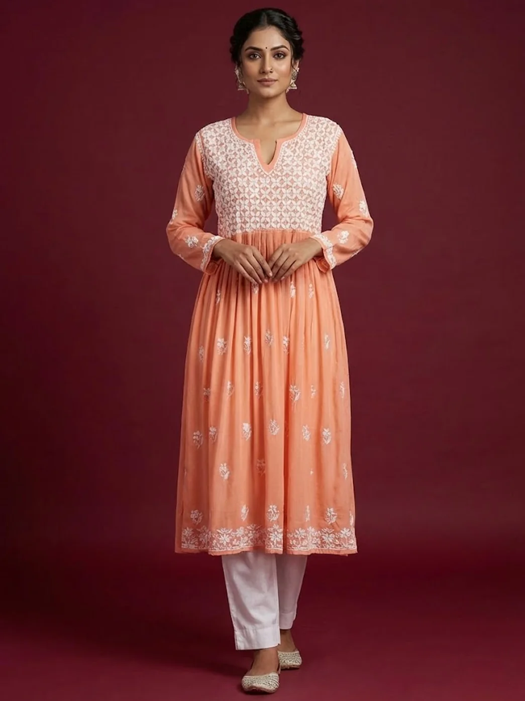 Peach Rayon Chikankari A-Line Kurti