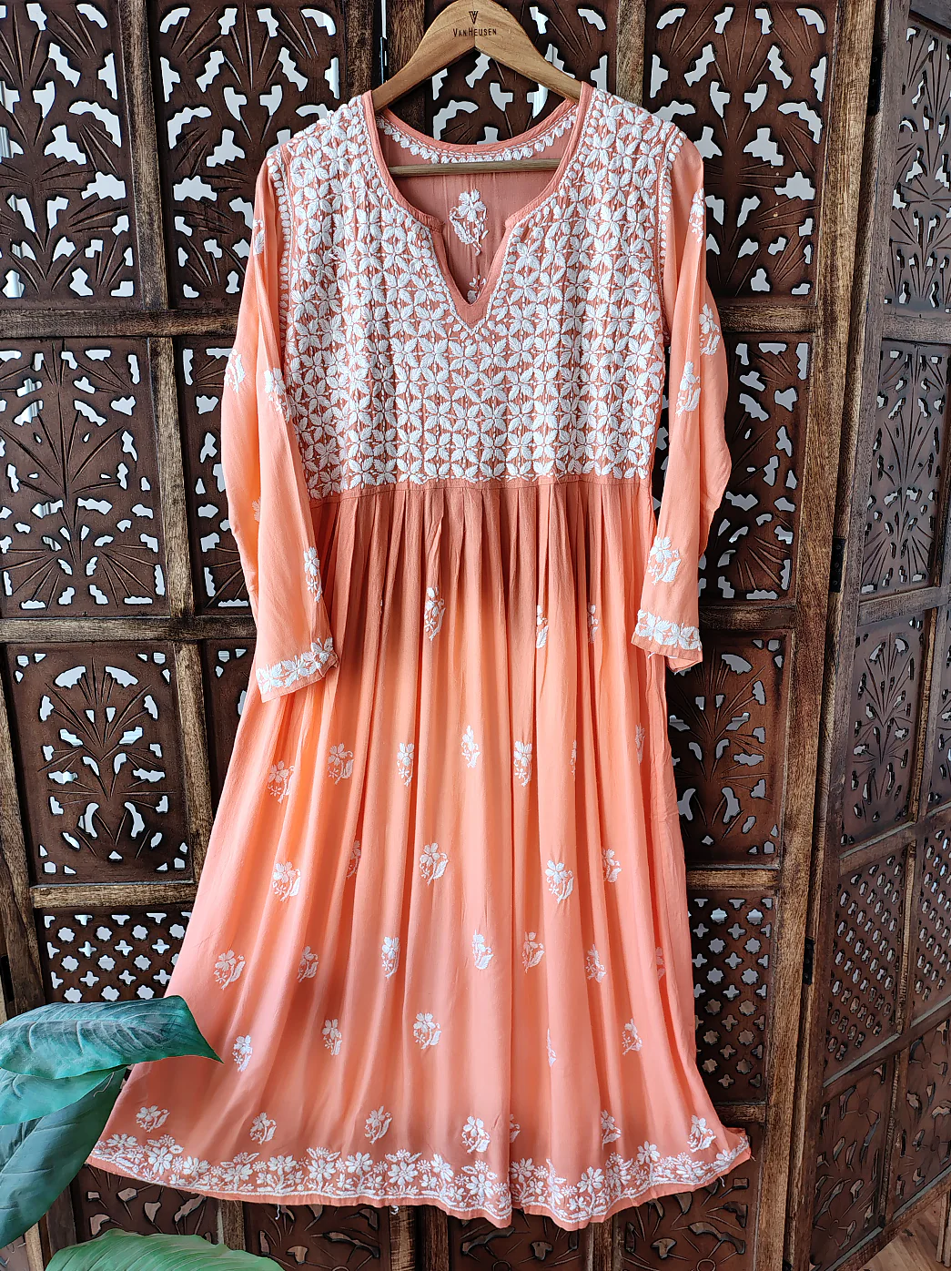 Peach Rayon Chikankari A-Line Kurti - Image 2