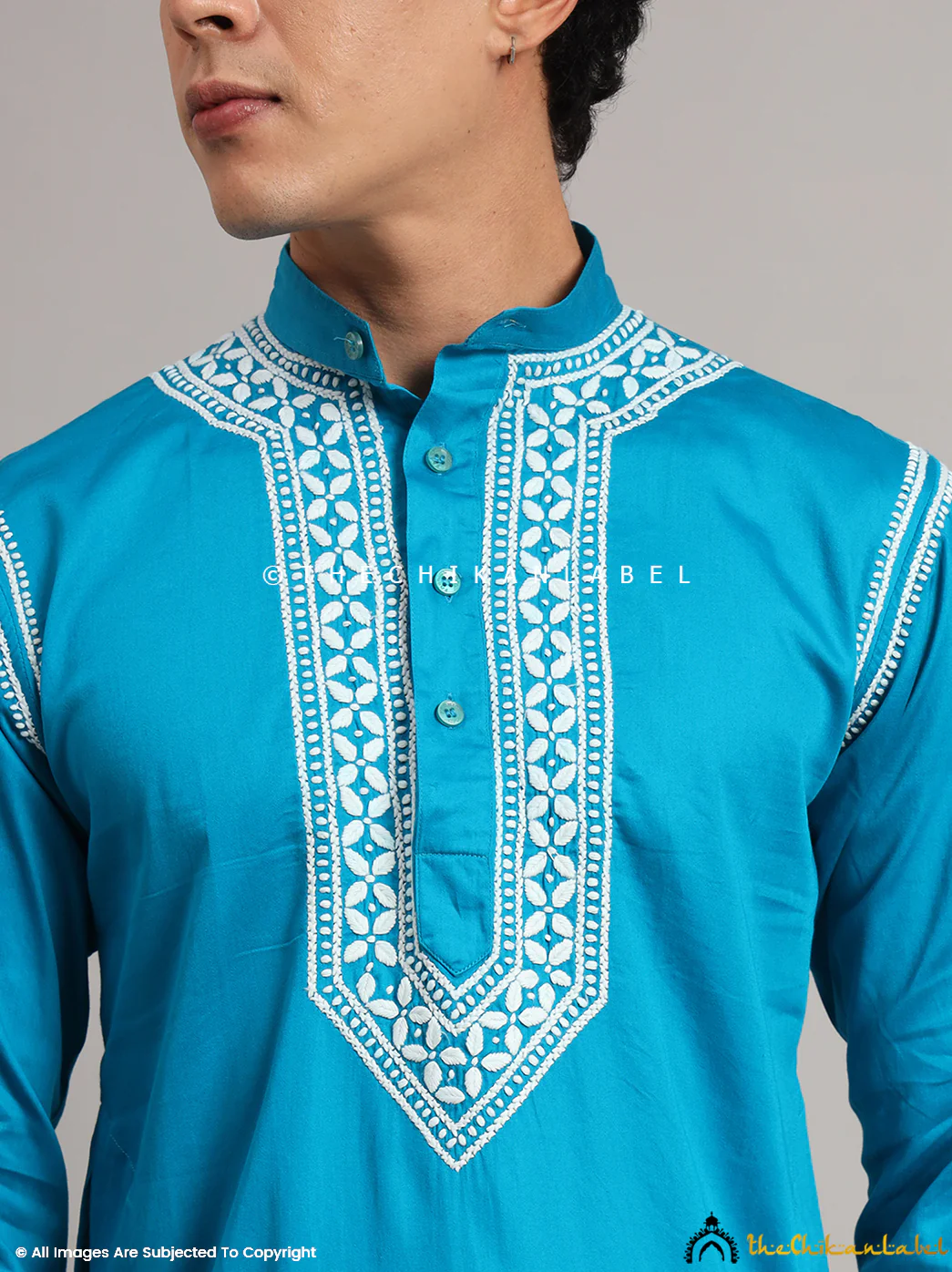 Peacock Blue Uman Cotton Chikankari Men's Kurta - Image 2