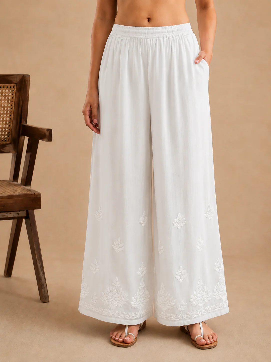 Petal Modal Chikankari Wide Leg Palazzo - White - Image 3
