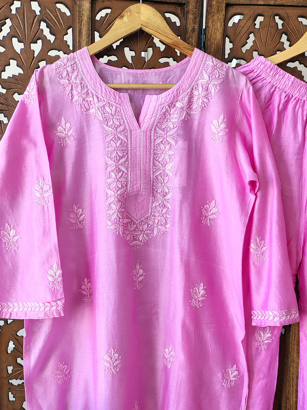 Pink Chanderi Chikankari Kurti Palazzo Set - Image 3