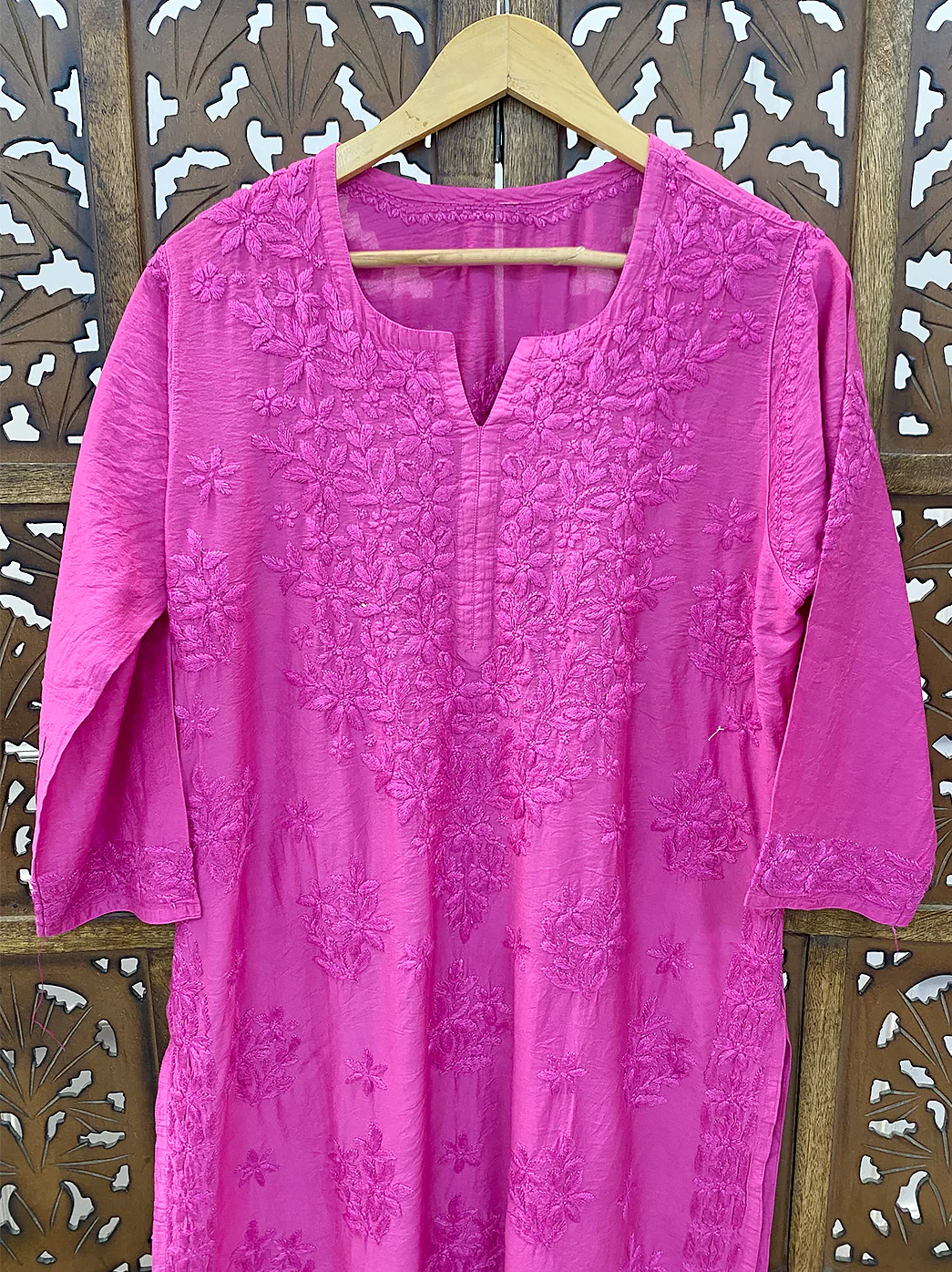 Pink Chanderi Chikankari Straight Kurti - Image 3