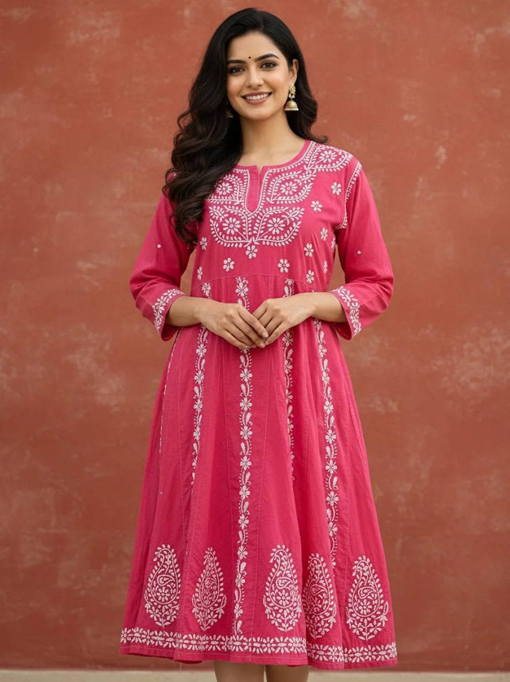 Pink Cotton Chikankari A-Line Kurti
