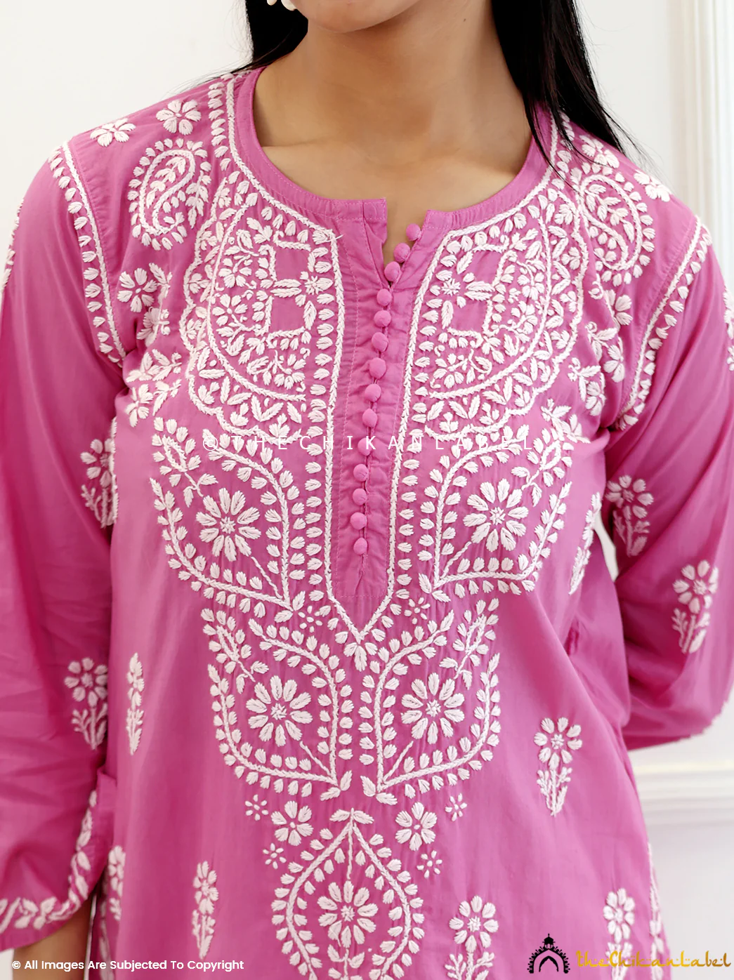 Pink Cotton Chikankari Straight Kurti - Image 2