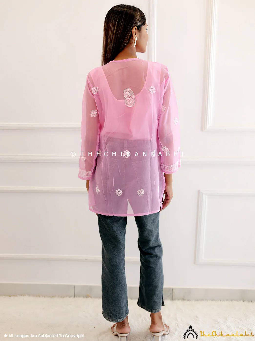 Pink Georgette Chikankari Short Jaal Kurti - Image 3