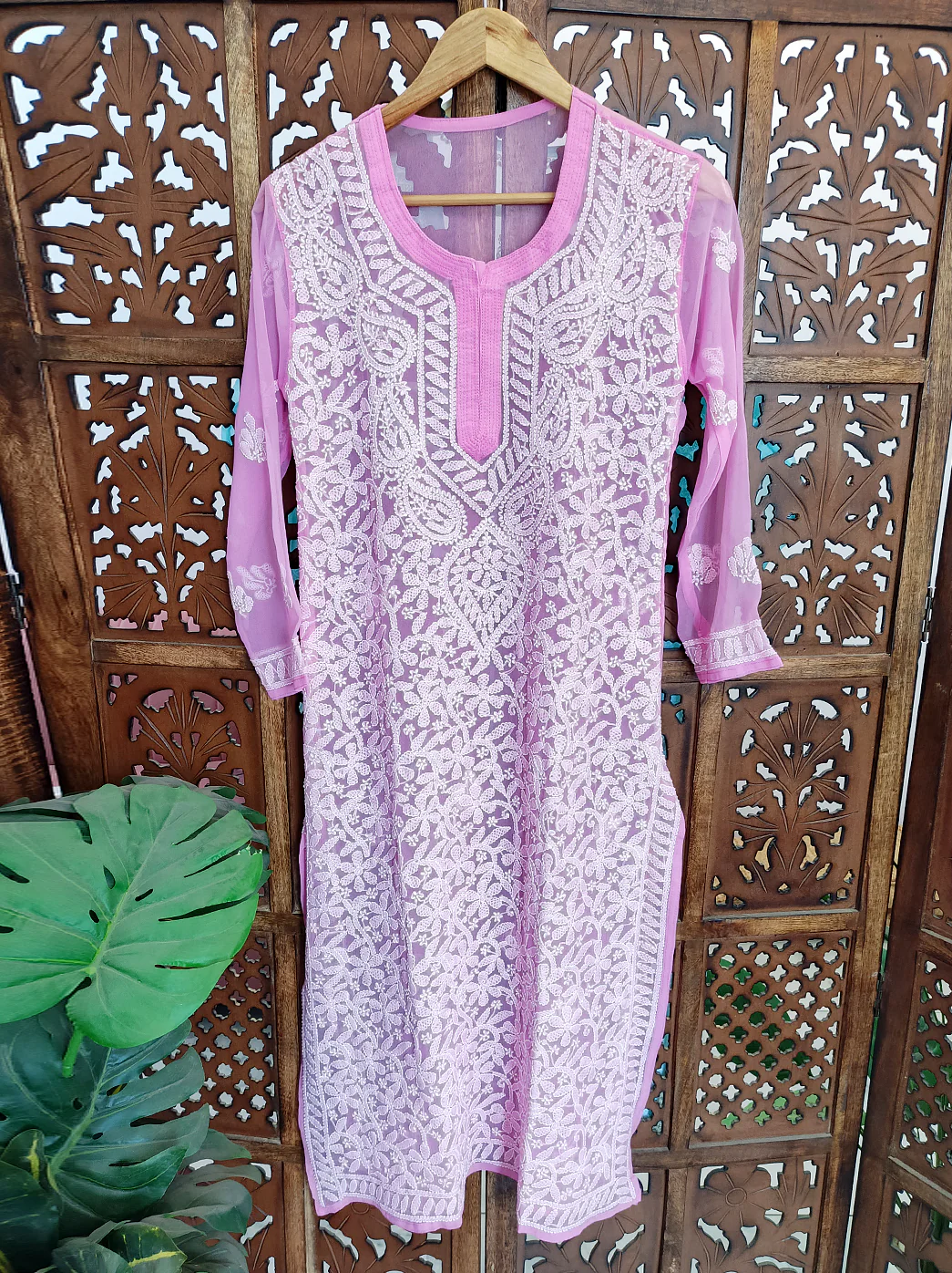 Pink Georgette Chikankari Straight Kurti - Image 2