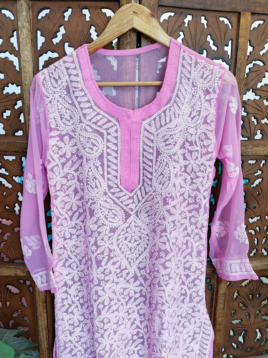 Pink Georgette Chikankari Straight Kurti - Image 3