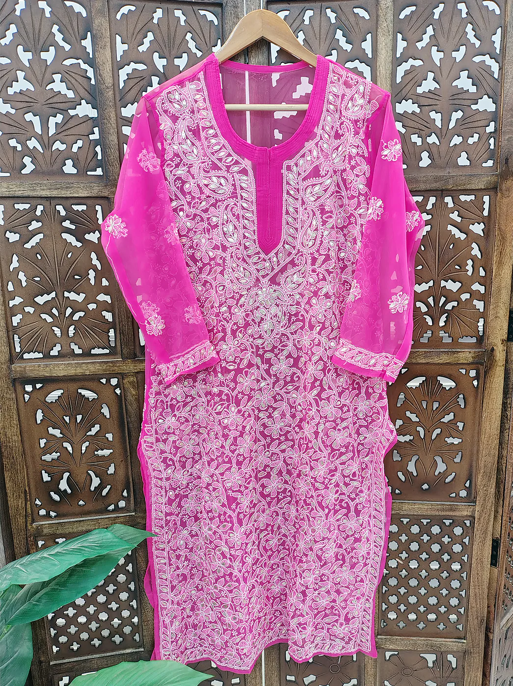 Pink Georgette Chikankari Straight Kurti - Image 2