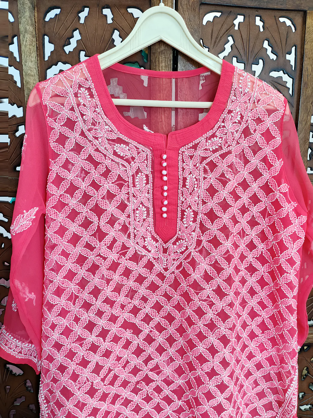 Pink Georgette Chikankari Straight Kurti - Image 3
