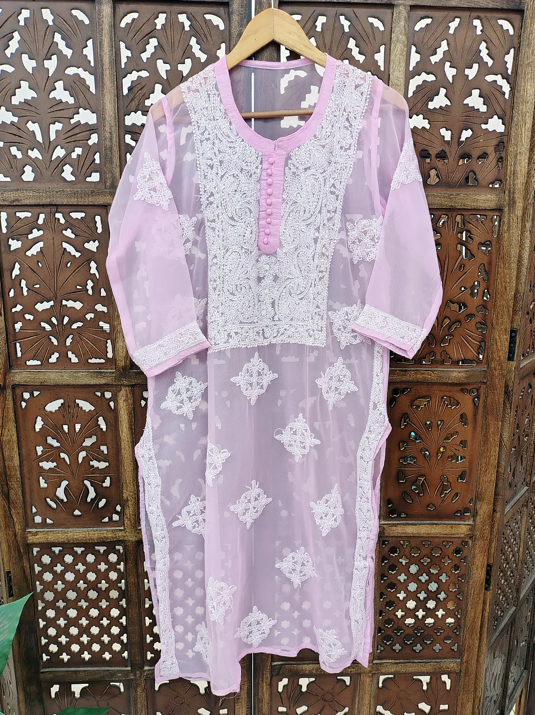 Pink Georgette Chikankari Straight Kurti - Image 2